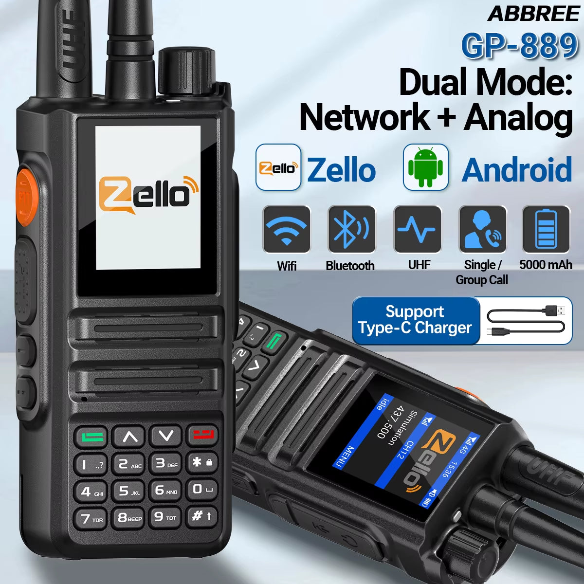 GP-889 Walkie Talkie Dual Mode POC Network Radio ZELLO Global UHF Bluetooth WIFI Android 2/3/4G Type-C Ham Radio Hunting
