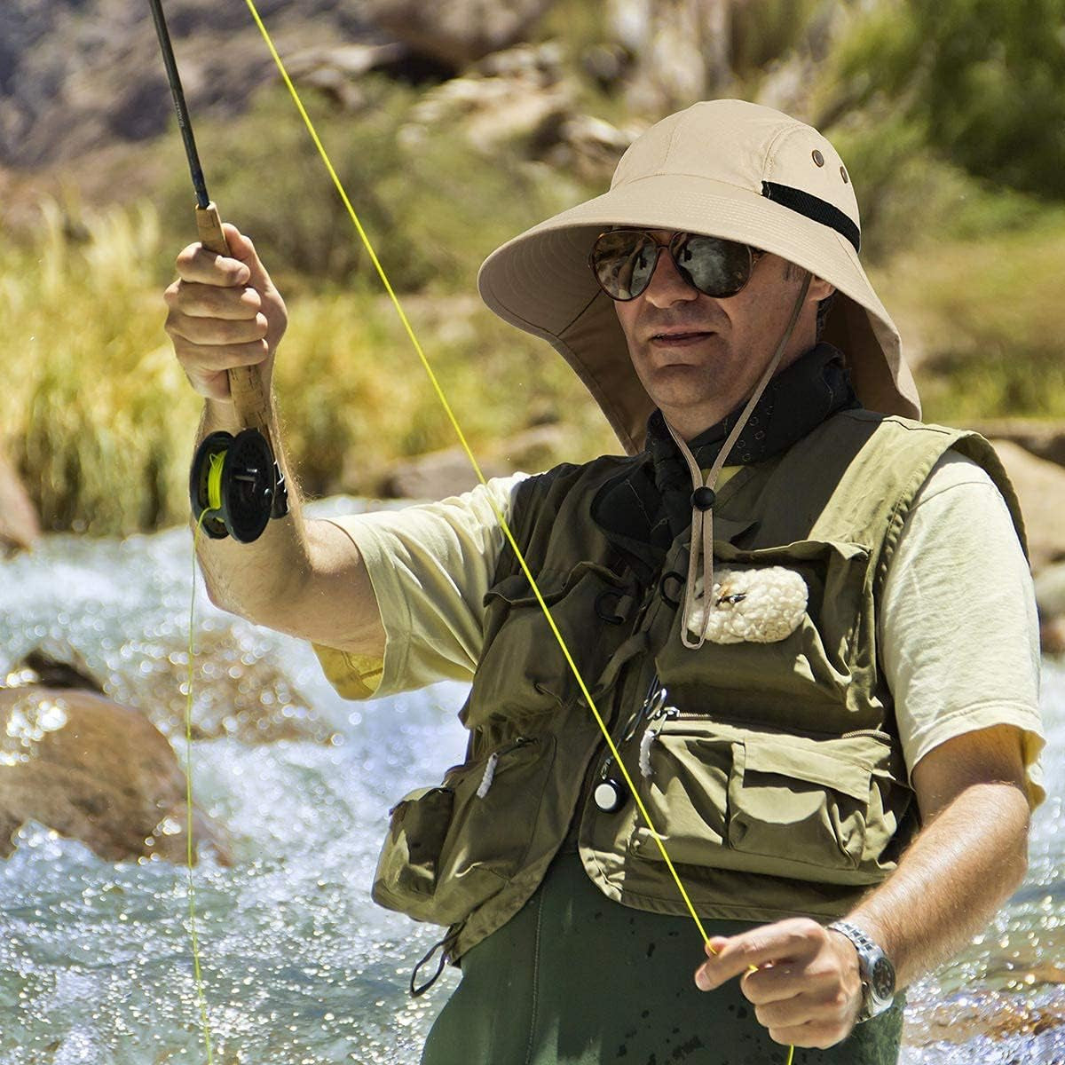Outdoor Sun Hat for Men with UV Protection Safari Cap Wide Brim Fishing Hat with Neck Flap (Khaki)