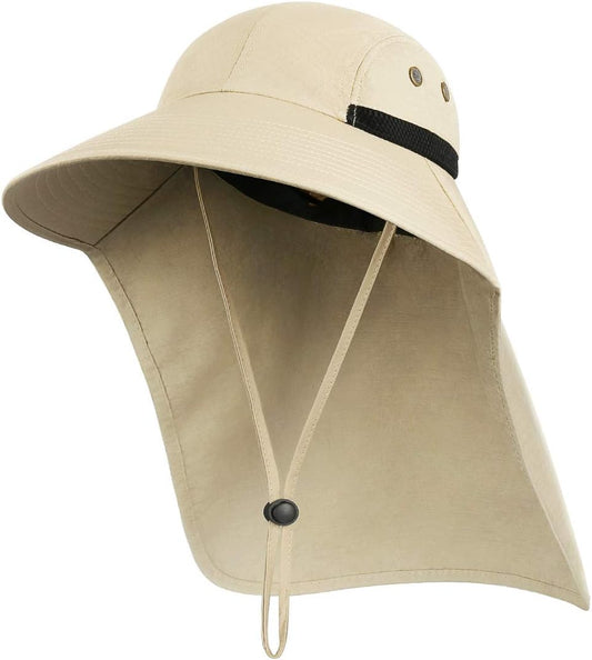 Outdoor Sun Hat for Men with UV Protection Safari Cap Wide Brim Fishing Hat with Neck Flap (Khaki)