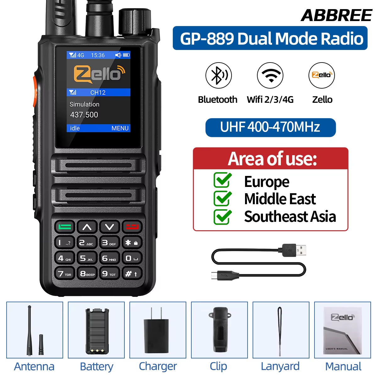 GP-889 Analog and Network Radio Walkie Talkie Global POC Zello UHF Bluetooth WIFI 2G 4G Sim Card Android Type-C Ham Radio