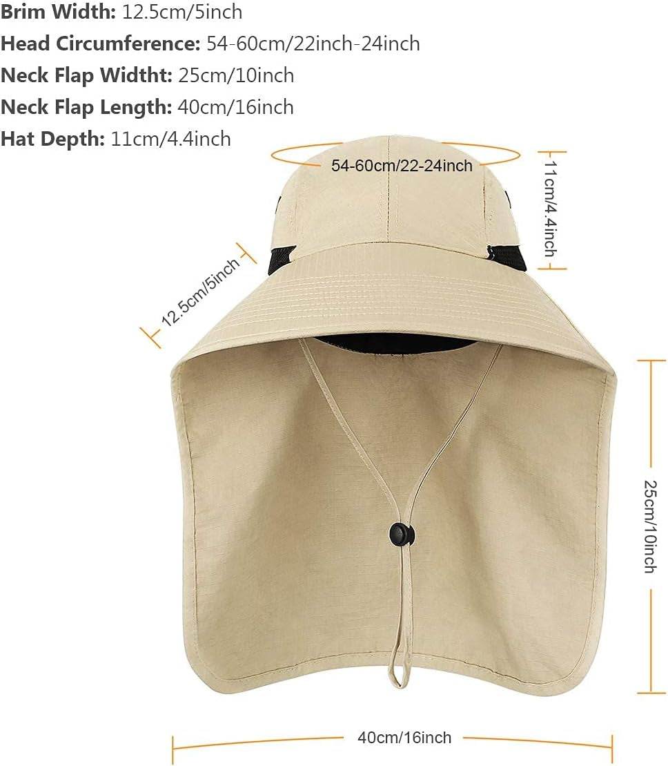 Outdoor Sun Hat for Men with UV Protection Safari Cap Wide Brim Fishing Hat with Neck Flap (Khaki)