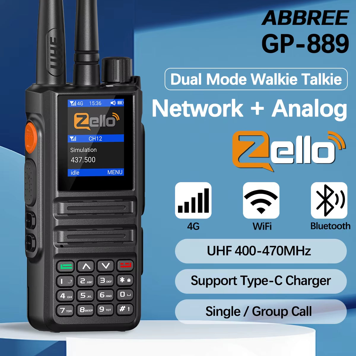 GP-889 Analog and Network Radio Walkie Talkie Zello Global POC UHF Bluetooth WIFI 2G 4G Sim Card Android Two Way Radio